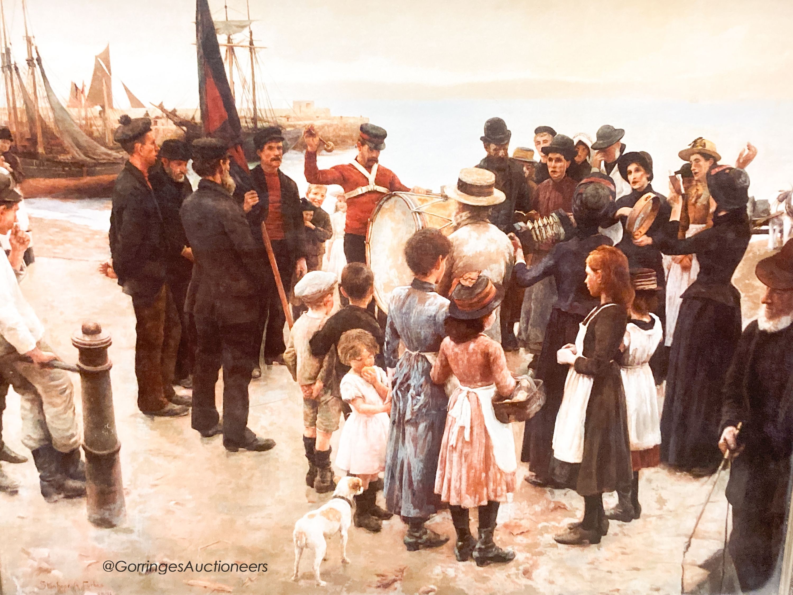 After Stanhope Alexander Forbes (1857-1947) - a large coloured print - “Quayside gathering’’, width excluding frame 157cm, height 120cm